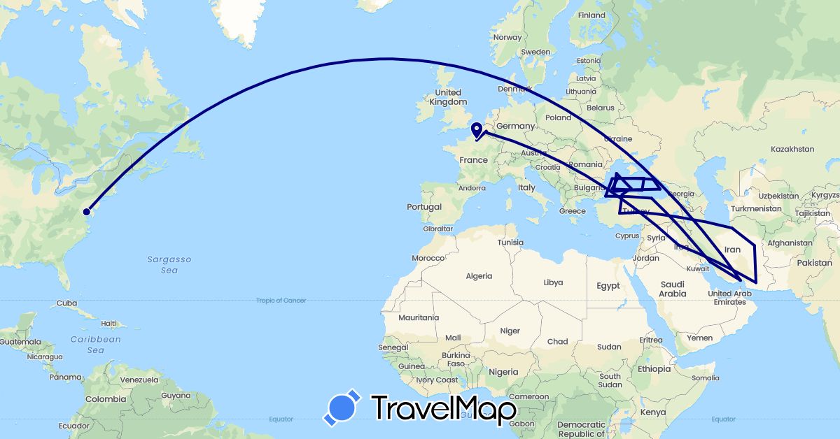 TravelMap itinerary: driving in Belgium, France, Iraq, Iran, Turkey, United States (Asia, Europe, North America)